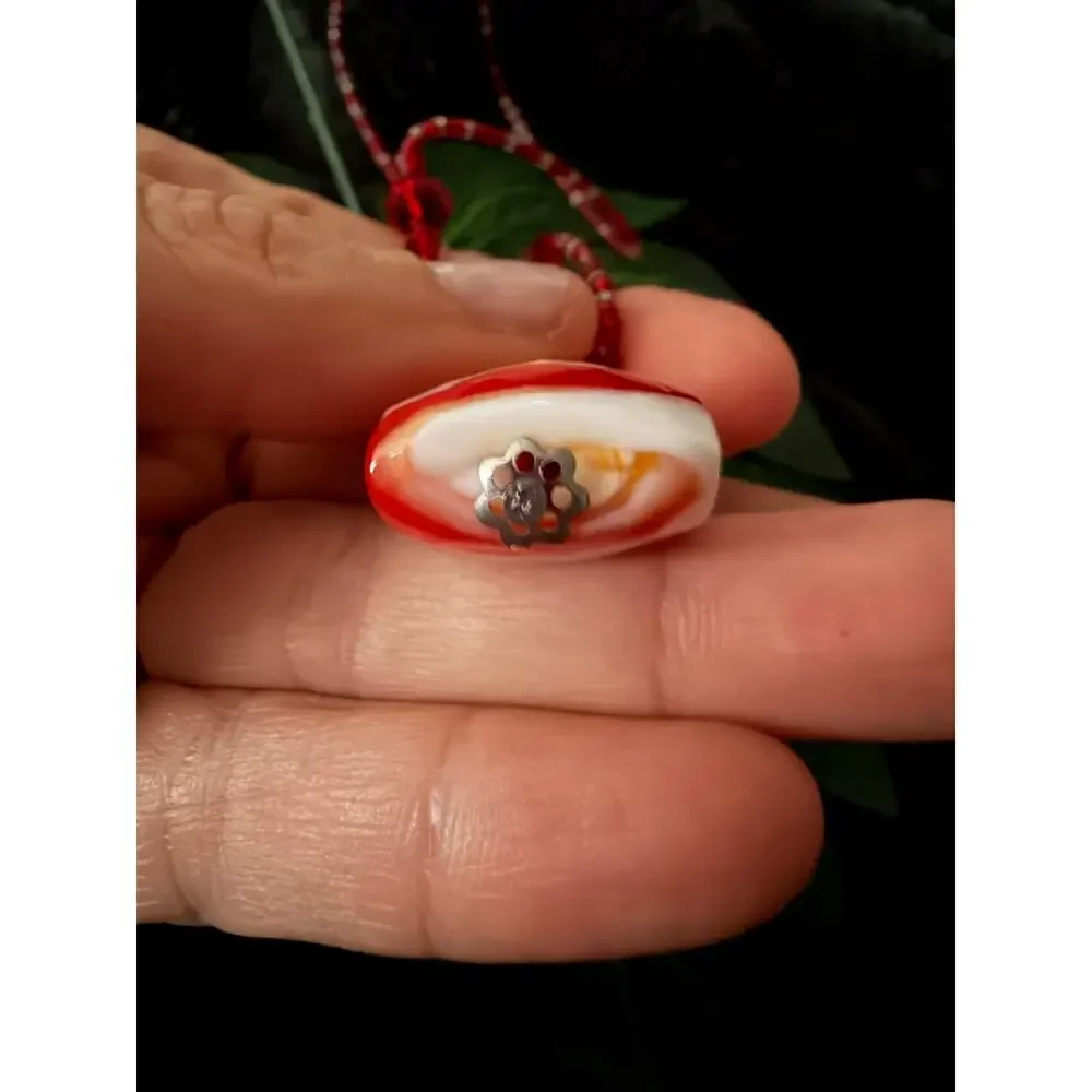 Red Orange White Swirl Art Glass Pendant Beaded Necklace Boho Y2K Statement